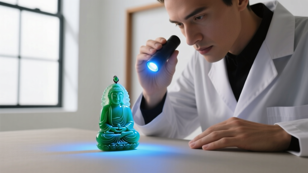 Gemologist shining UV flashlight on a jadeite Buddha pendant, revealing blue fluorescence that indicates polymer resin treatment
