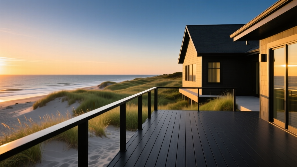 Black powder-coated aluminum deck railings on a modern Cape Cod coastal home overlooking the ocean at sunset with dune grass