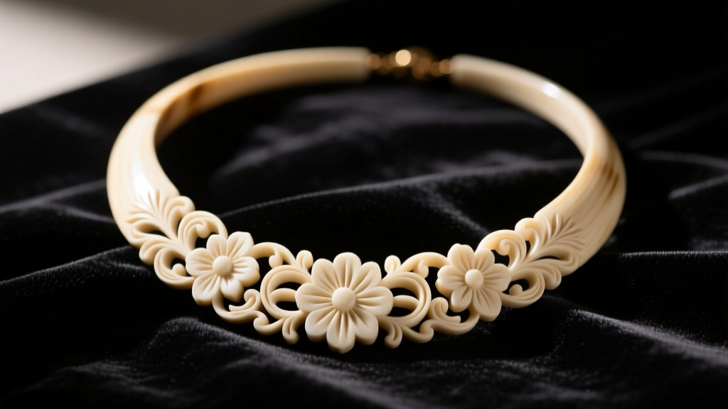 Macro shot of a vintage carved bone necklace with floral motifs, resting on dark velvet cloth under soft directional lighting.