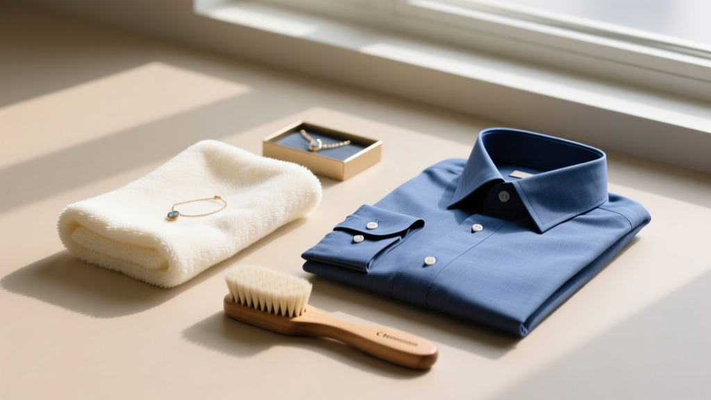 Flat lay of jewelry cleaning supplies including a microfiber cloth and soft brush next to a neatly folded blue linen dress shirt.