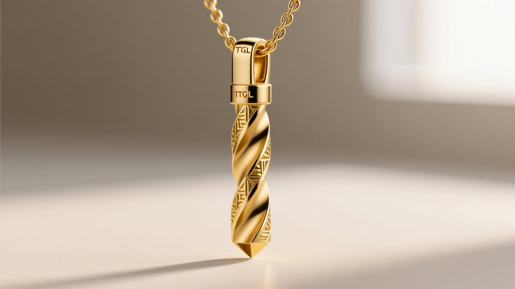 Macro shot of a TTGL drill necklace pendant in 14k yellow gold, showing intricate CNC-milled flutes and a matte finish