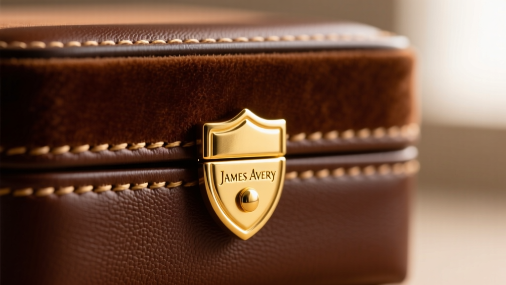 Close-up of a James Avery box hinge and gold-foil shield logo, showing precise stitching on the rich brown polyurethane exterior.