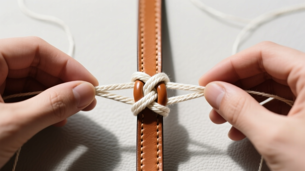 Overhead view of hands weaving a 1mm waxed cotton cord over a central 2mm leather base cord to form a sliding knot mechanism