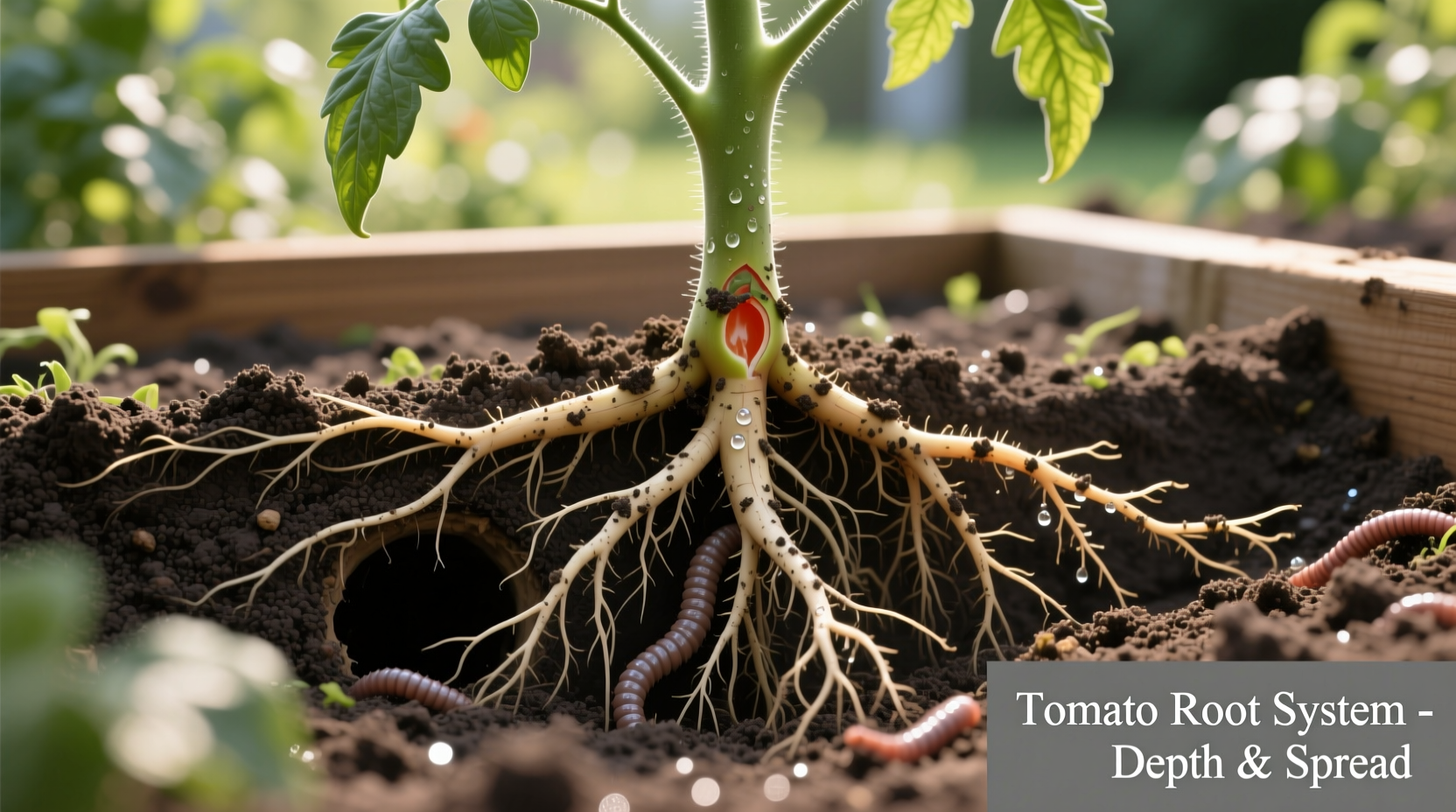 Tomato root system showing depth and spread in garden soil