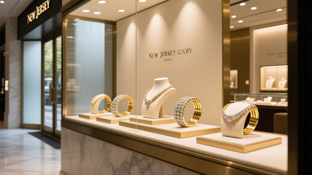 Elegant display window of a New Jersey jewelry boutique featuring 18k gold and diamond tennis bracelets under warm spotlighting
