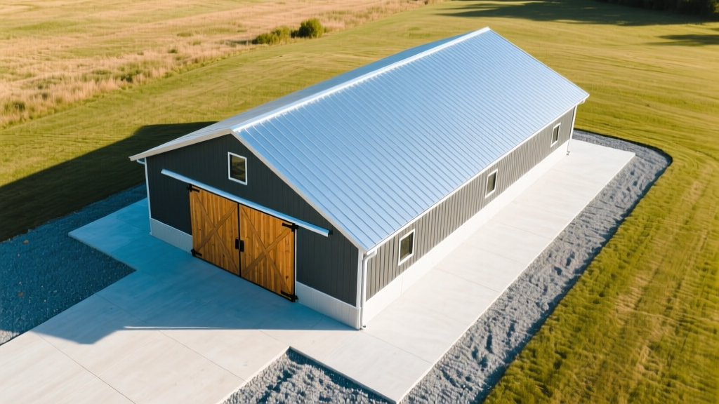 Aerial view of a new 40x60 pole barn with steel roofing and wooden sliding doors set on a prepared gravel and concrete pad