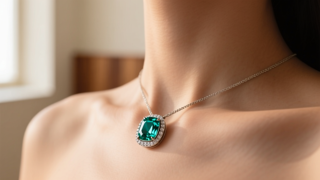 Close-up of a bezel-set teal Montana sapphire pendant on a collarbone, illuminated by soft natural window light against warm skin.