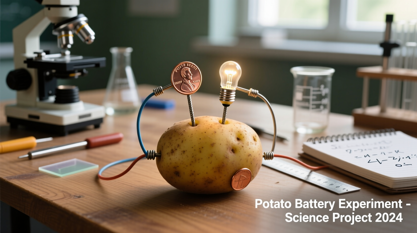 Potato battery science experiment setup