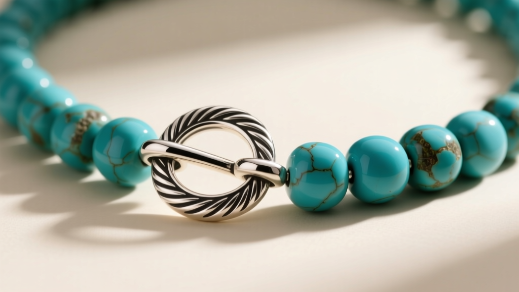 Close-up of a heavy-duty sterling silver toggle clasp securing a thick, 12-millimeter natural turquoise bead necklace strand.