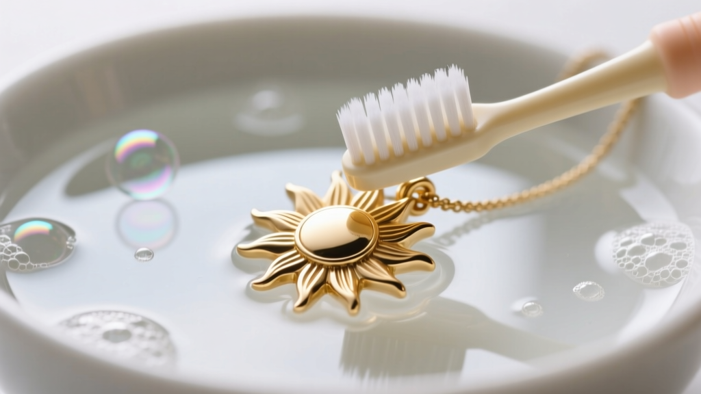 Soft baby toothbrush gently scrubbing deep grooves of a gold vermeil sunburst pendant submerged in a bowl of soapy distilled water