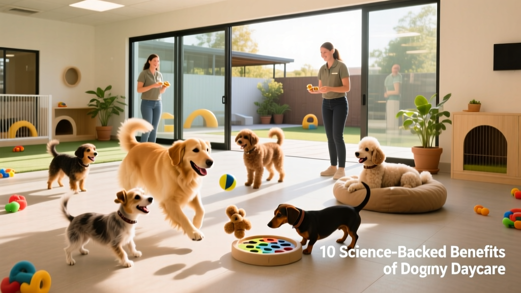 A cheerful, well-supervised group of dogs playing safely in a bright, clean indoor-outdoor daycare space with staff nearby
