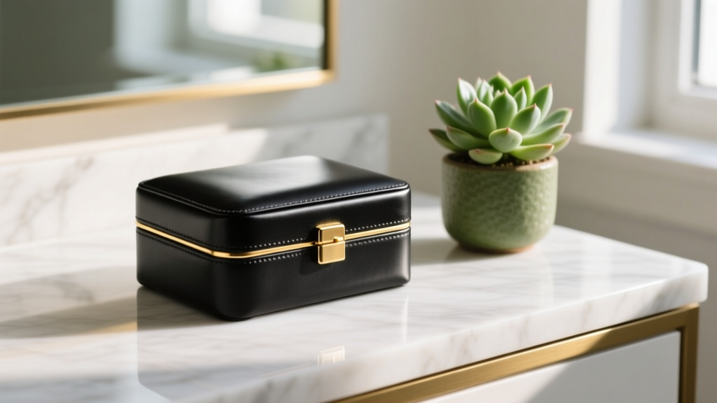 Black leather jewelry box with brushed gold finish resting on a marble vanity top beside a small potted green succulent plant.