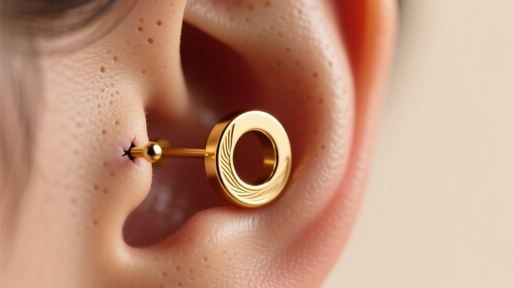 Macro shot of a 20-gauge golden earring moontan post inserted into a healed lower lobe piercing under soft, warm studio lighting