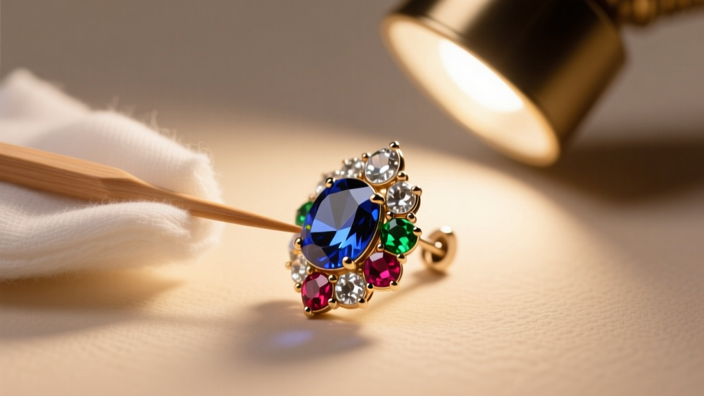 Soft cloth and wooden toothpick gently cleaning intricate prongs of a vintage rhinestone earring under a warm magnifying lamp.