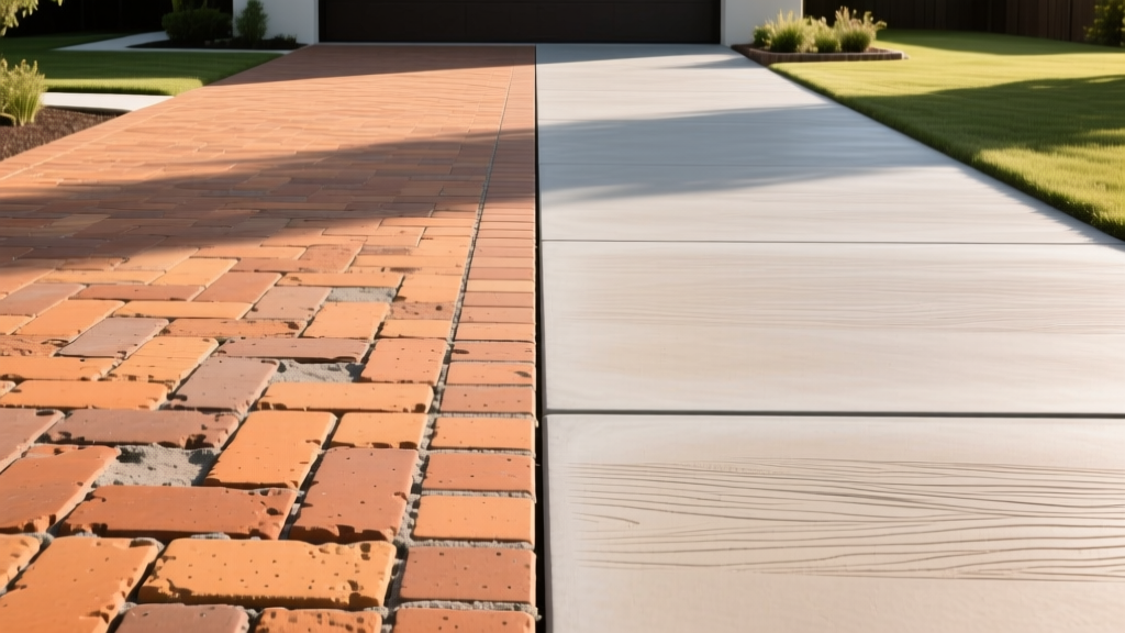 Driveway split down the middle showing interlocking clay pavers on the left and smooth stamped concrete on the right