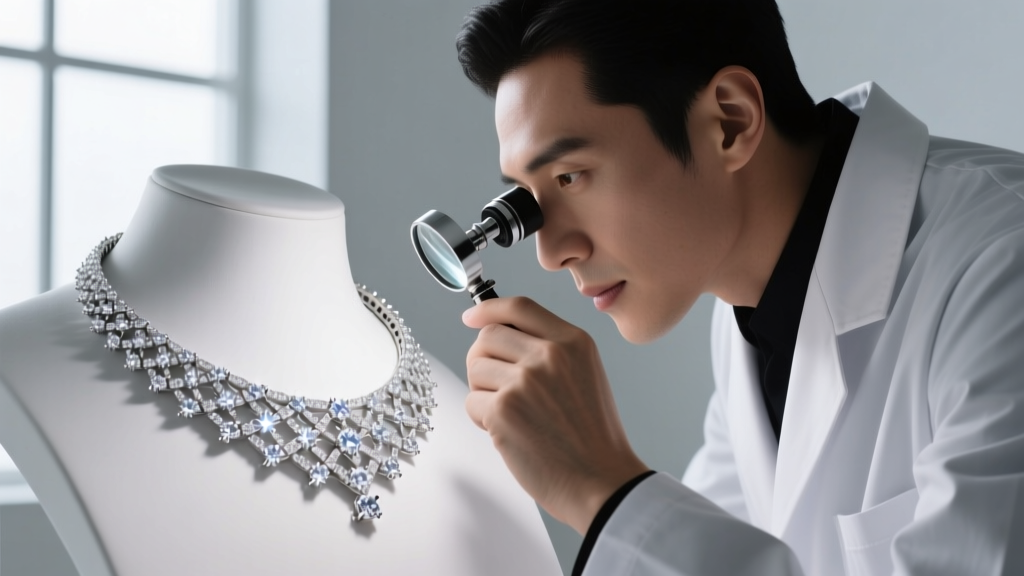 Master jeweler inspecting the intricate platinum micro-pave setting of a diamond collar necklace using a 10x triplet loupe.