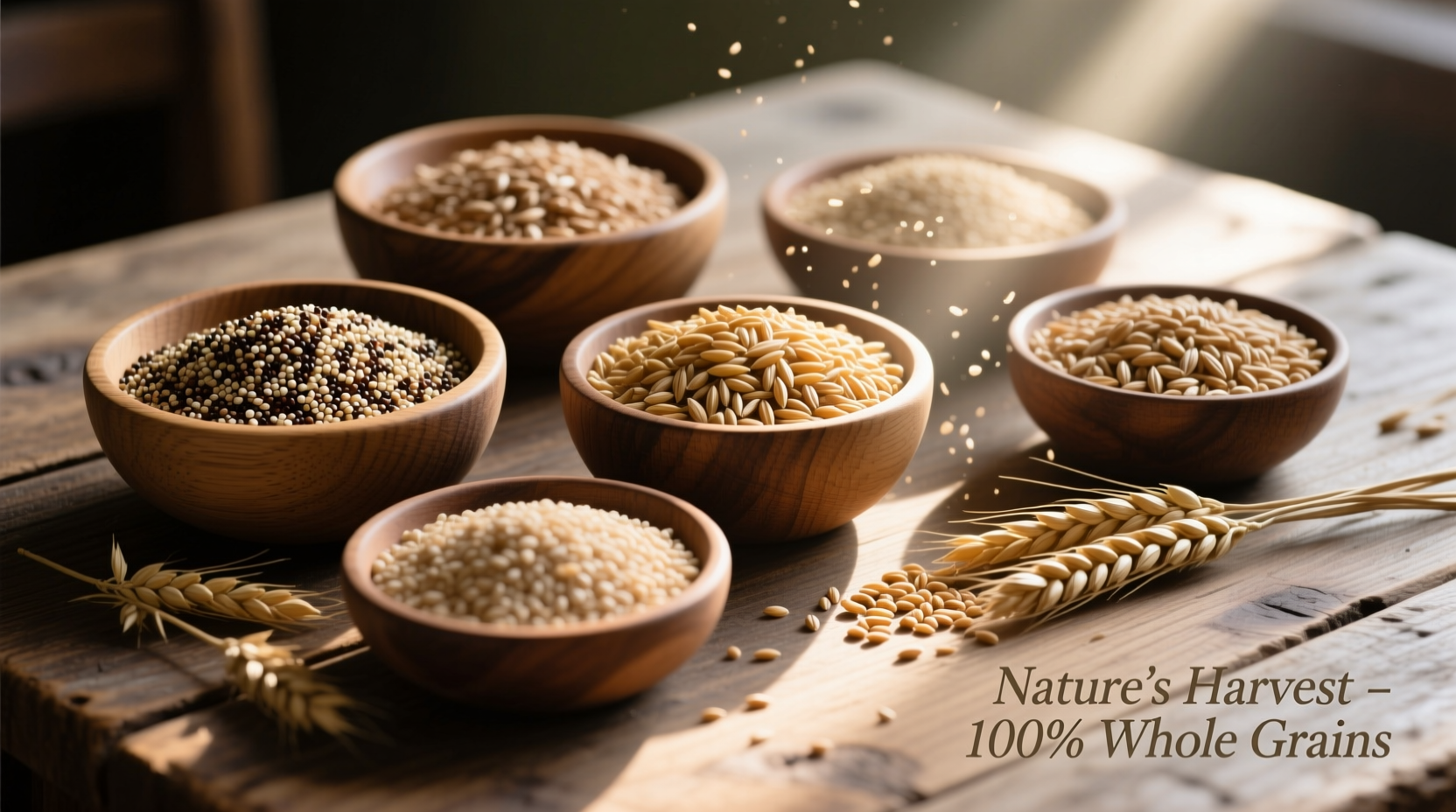 Various whole grains in wooden bowls