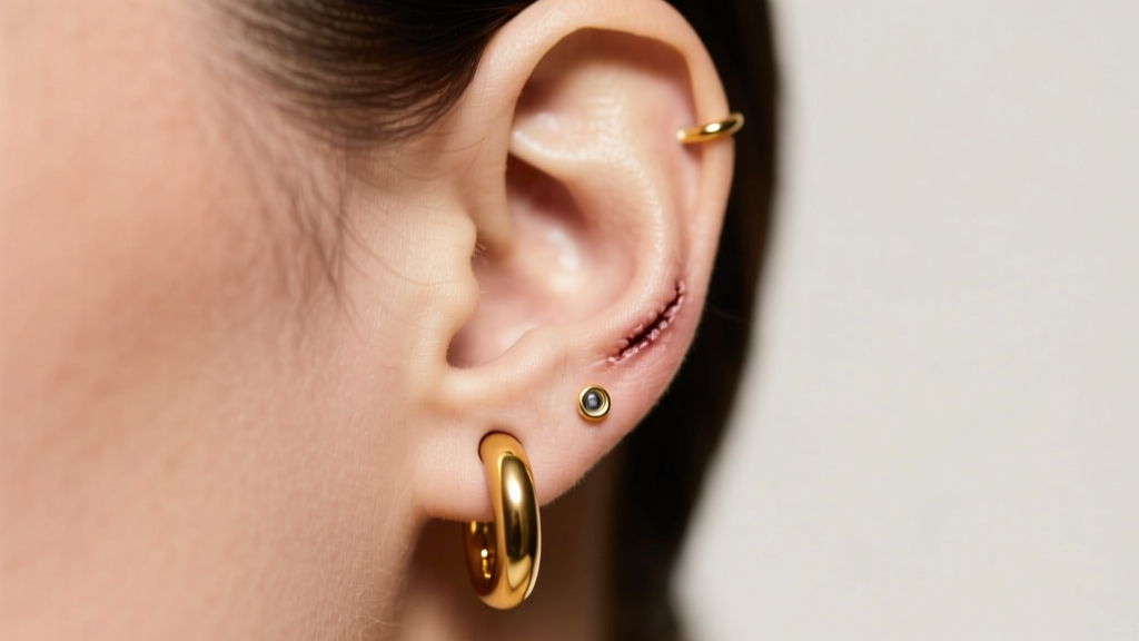 Side profile of a healed earlobe wearing a thick 14-gauge solid gold hoop earring, showcasing healthy tissue and perfect fit