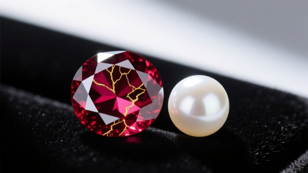 Macro photography of a faceted ruby showing natural rutile silk inclusions, resting beside a luminous white Akoya pearl on velvet.