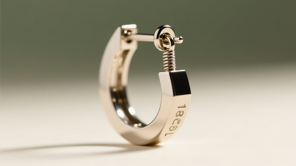 Macro shot of a titanium hoop dangle earring clicker latch, showing the secure 18-gauge closure against a soft blurred background.