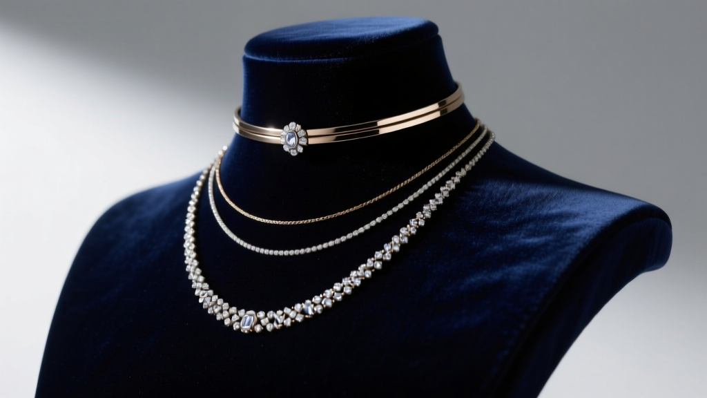 Close-up of a dark navy velvet bust showing a 14-inch choker and 24-inch opera necklace resting on sloped shoulders