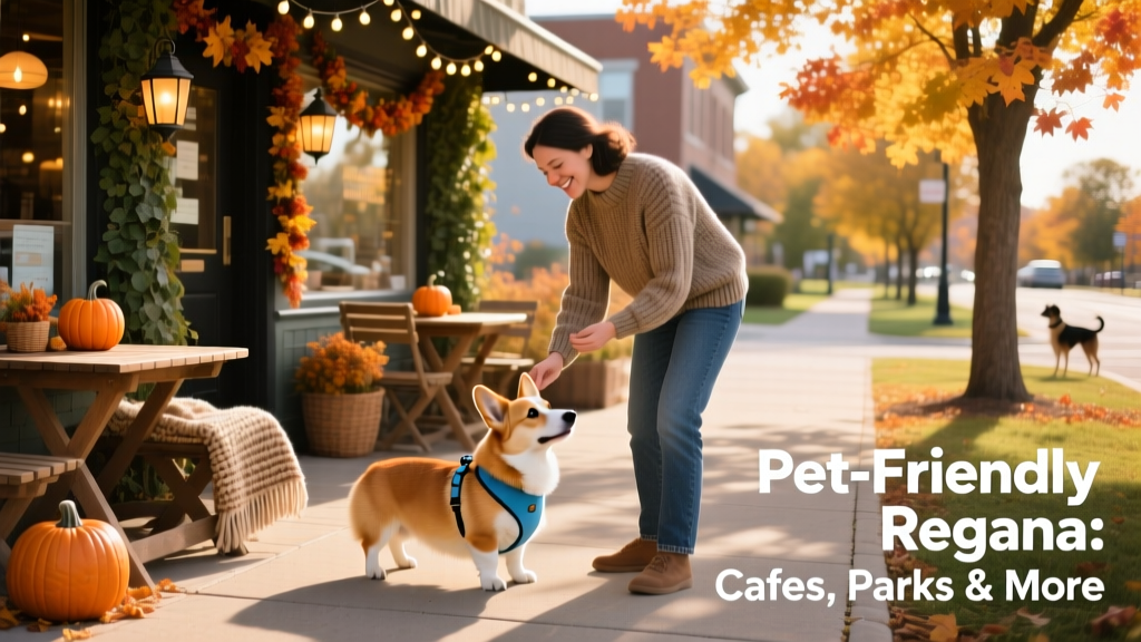 A person gently training a Corgi on a paved sidewalk outside a cozy fall-themed cafe with string lights and outdoor seating