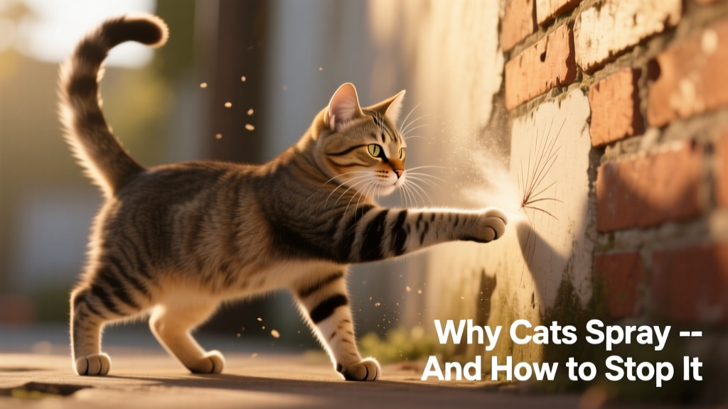 Close-up of a cat mid-spray: tail raised and quivering, back legs slightly bent, aiming at a wall corner