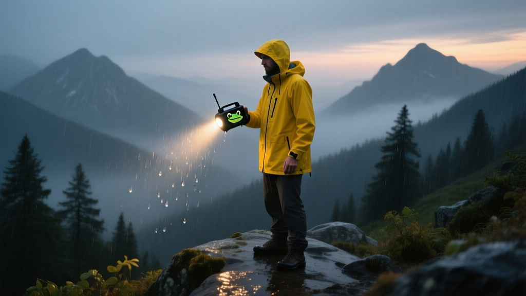 Hiker in a yellow rain jacket using a Survival Frog Tornado 5-in-1 solar radio flashlight during a heavy downpour at dusk.