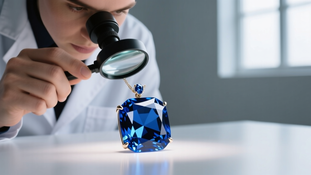 Jeweler using a 10x loupe to inspect internal inclusions of a cushion-cut blue sapphire pendant under bright gemological lighting