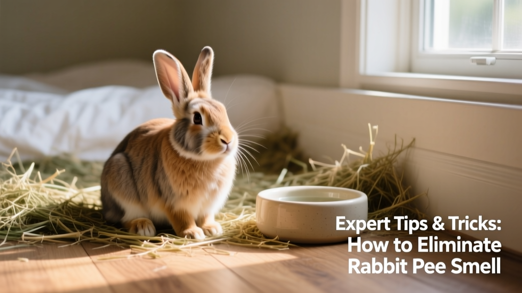 Healthy rabbit sitting comfortably in clean, well-bedded enclosure with hay and water bowl
