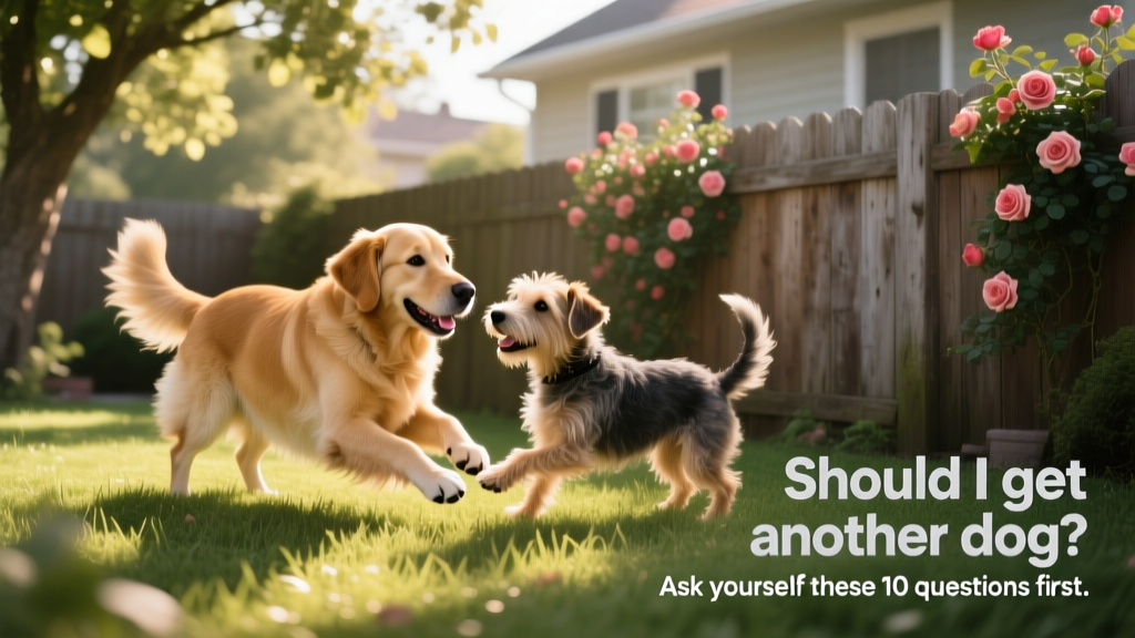 Two dogs playing gently together in a sunlit backyard