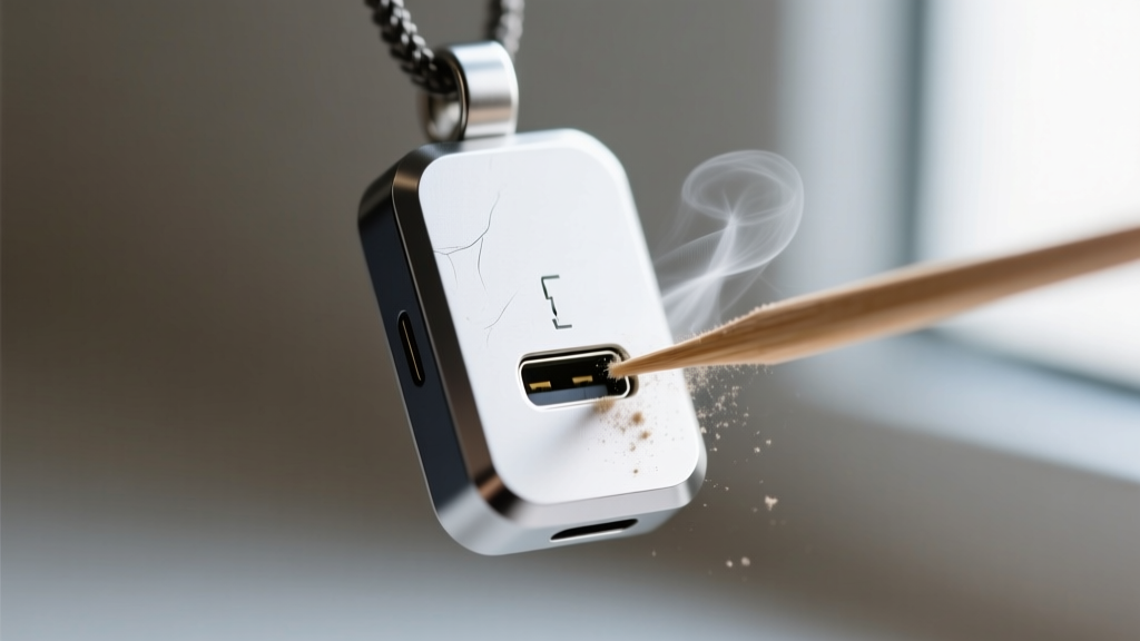 Macro view of a tech pendant USB-C port being carefully cleaned with a wooden toothpick and a gentle stream of compressed air.