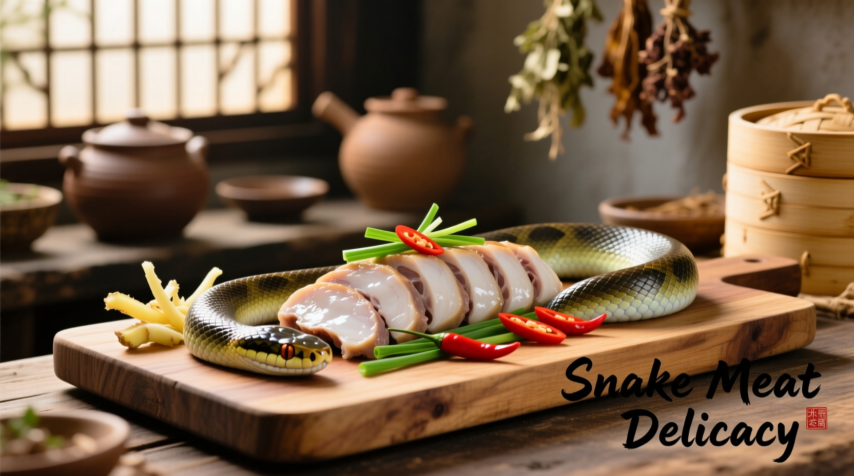 Prepared snake meat in traditional Asian cuisine