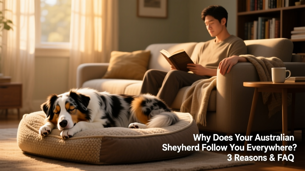 Australian Shepherd lying peacefully on a cozy dog bed nearby its owner reading on the couch—close but relaxed and self-contained