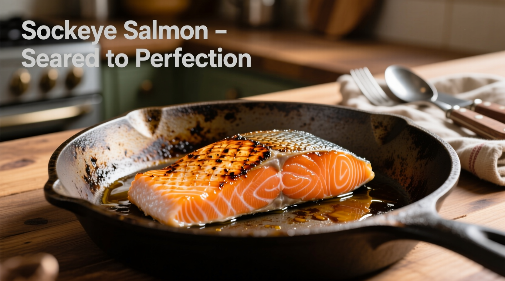 Perfectly seared sockeye salmon fillet with crispy skin on cast iron skillet