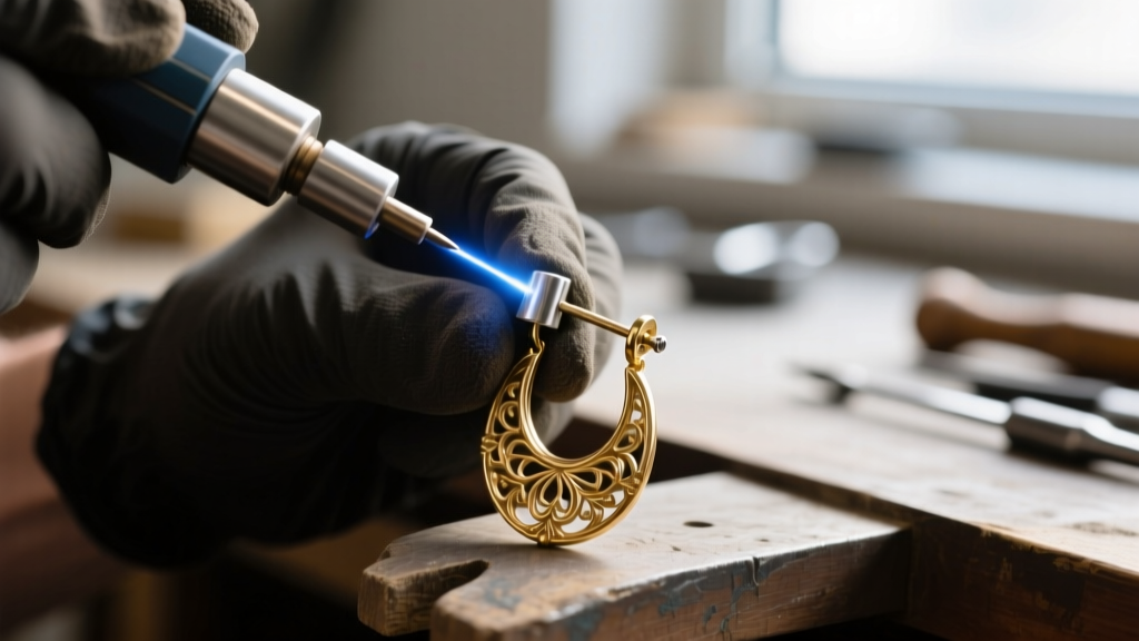 Macro shot of a jeweler using a laser welder to attach a hypoallergenic titanium post to a vintage brass earring backing.