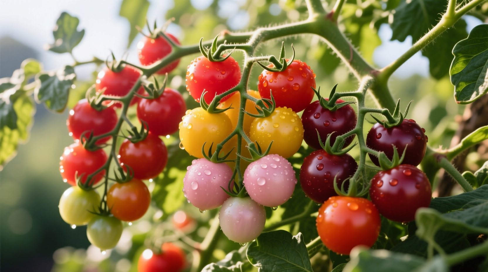 Colorful assortment of cherry tomato varieties on vine