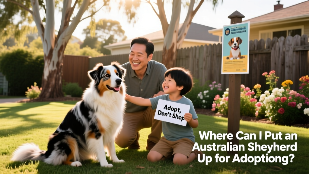 Australian Shepherd sitting calmly beside a smiling family in a sunlit backyard