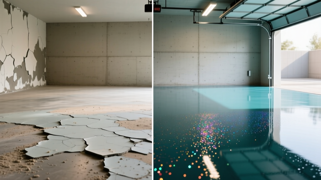 Split-view comparison of a dull, peeling acrylic concrete floor paint next to a high-gloss, flake-broadcast 100 percent solids epoxy garage floor coating