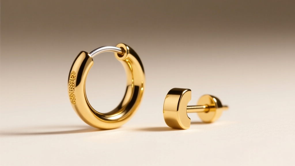 Macro view of a 16-gauge threadless cartilage hoop and gold clicker earring, illuminated by soft, warm directional studio lighting.