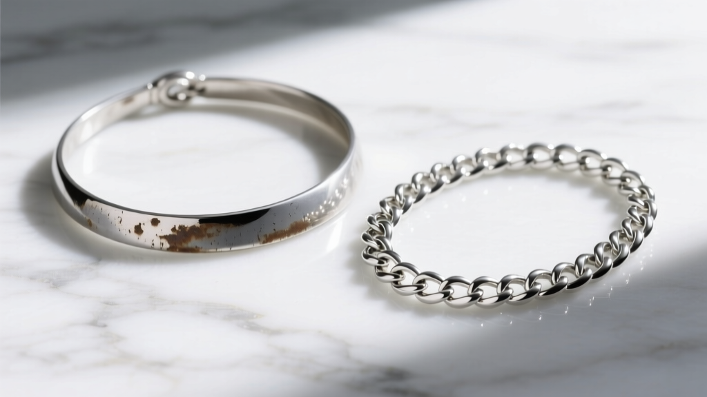 Comparison of a tarnished silver-plated necklace and a bright solid argentium silver chain resting on a white marble surface.