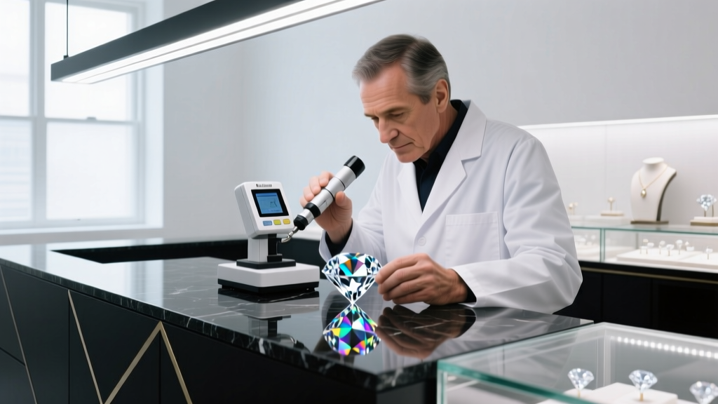 Gemologist using a Presidium multi-tester on a loose diamond at a modern jewelry counter with bright LED overhead lighting