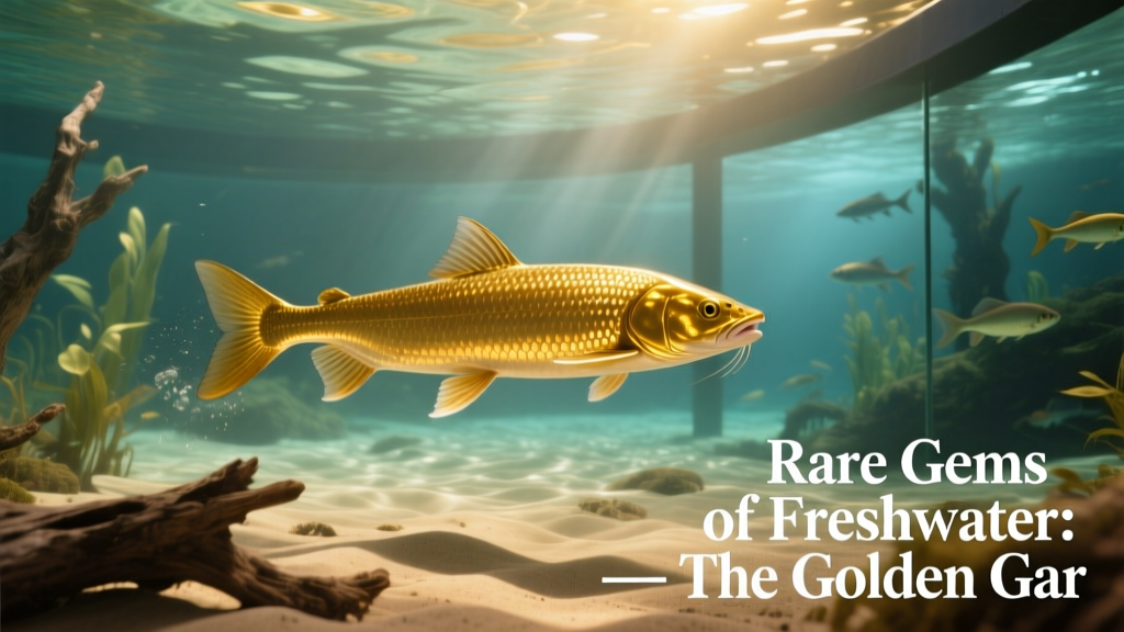 Golden gar gliding through open water in a massive, professionally filtered aquarium with sandy substrate and driftwood