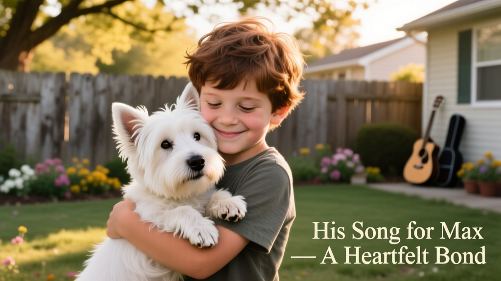 A young boy gently cradling his West Highland White Terrier like a baby while smiling softly