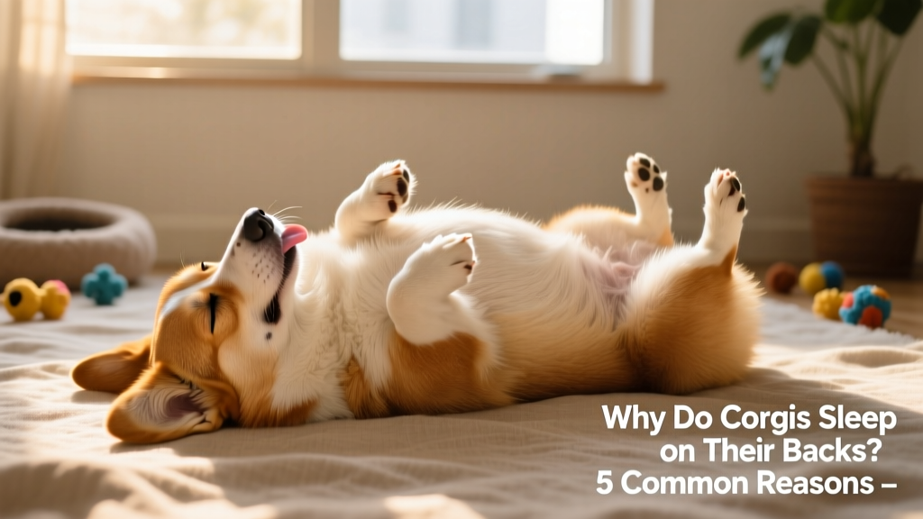 A Corgi sleeping on its back with paws in the air, relaxed and content