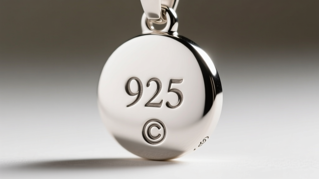 Extreme macro view of the back of a silver pendant, clearly showing the stamped 925 hallmark, copyright symbol, and maker mark