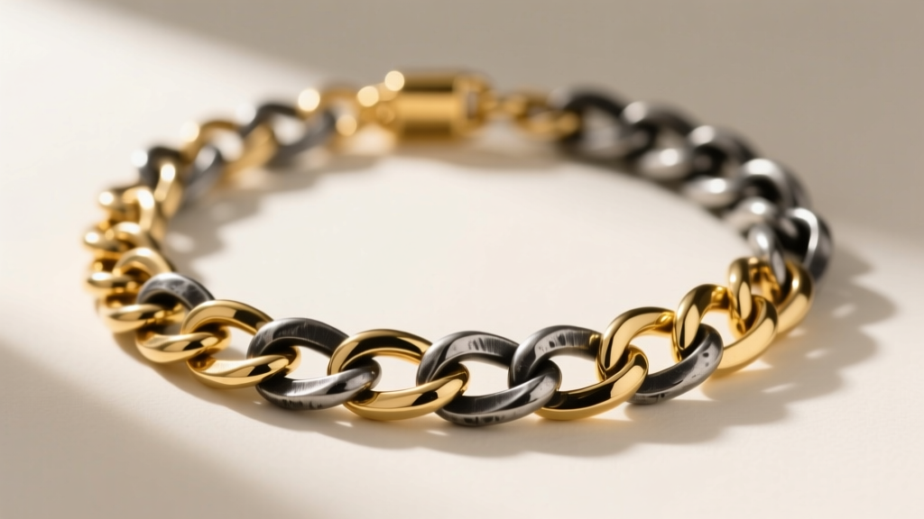 Macro photography of a mixed-metal DIY necklace featuring interlocking 14k gold-filled and oxidized sterling silver curb links.