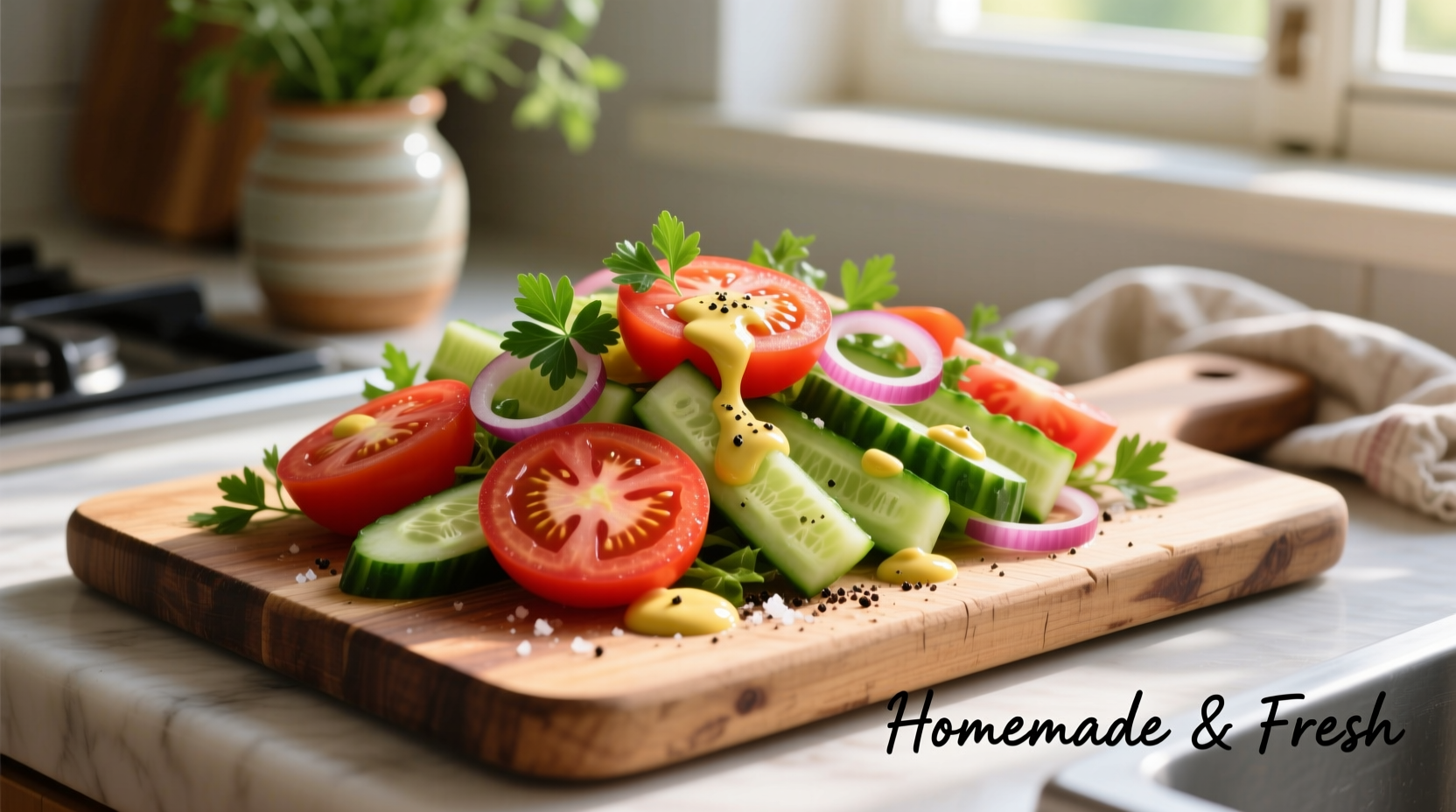 Fresh tomato cucumber salad with homemade dressing