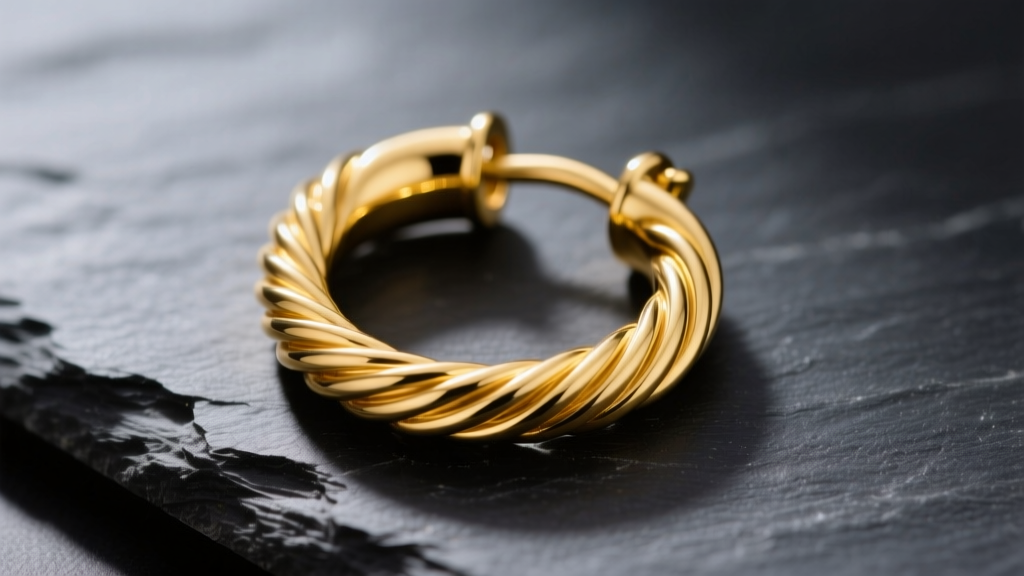 Close-up of a 14-gauge solid yellow gold huggie hoop earring on dark slate, highlighting the thick wire and secure clicker clasp