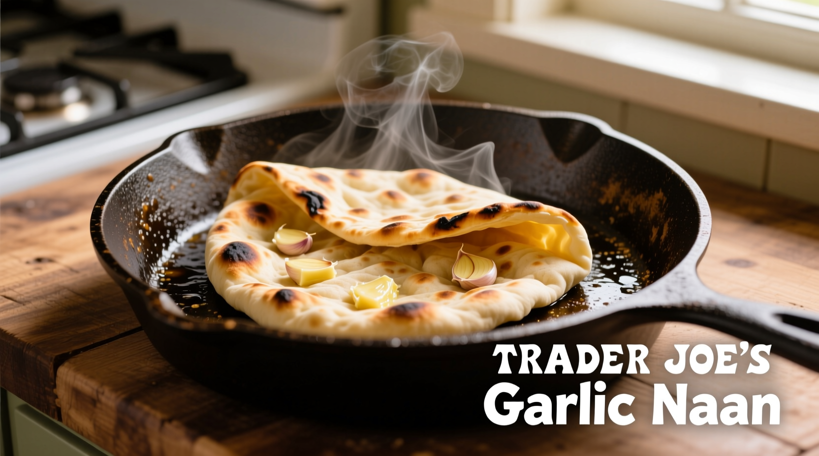 Trader Joe's garlic naan heating in cast iron skillet